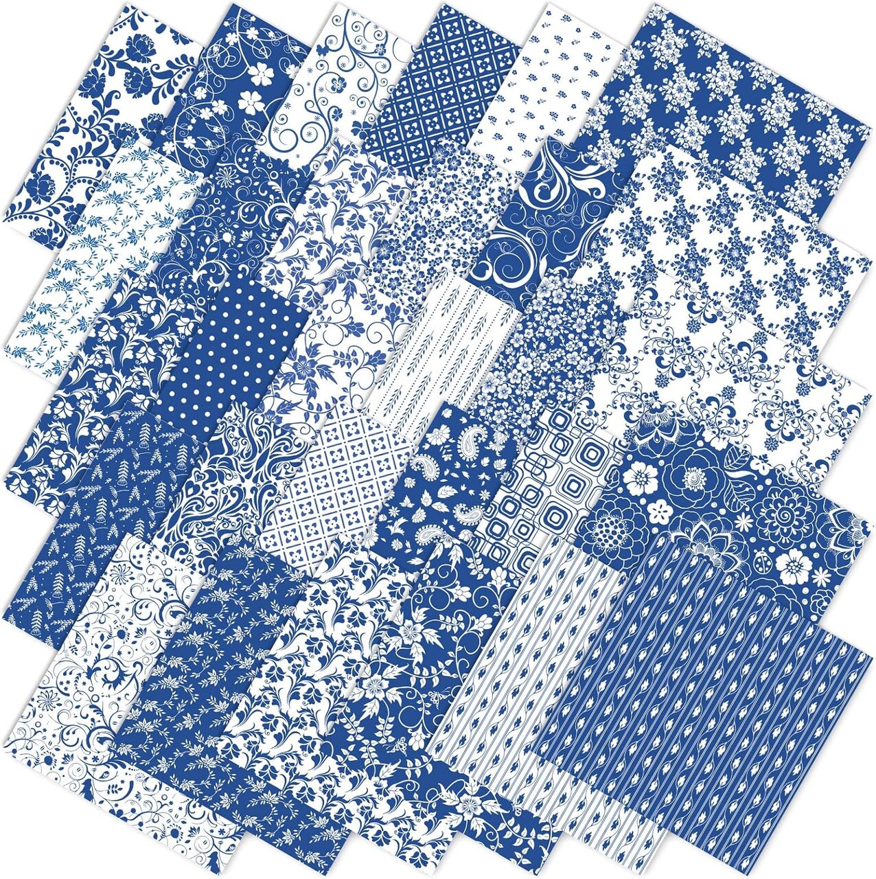 60Pcs Flower Cotton Pre-Cut Fabric Bundles Blue White Floral Fabric Squares(Blue)